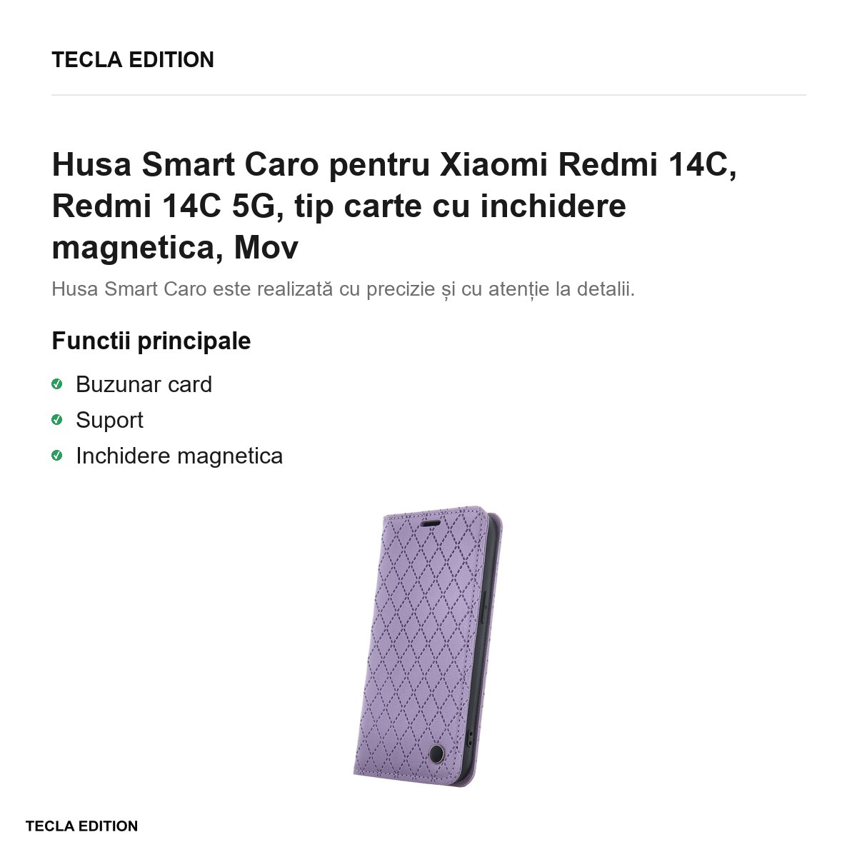 Husa Smart Caro pentru Xiaomi Redmi 14C, Redmi 14C 5G, tip carte cu inchidere magnetica, Mov [2]