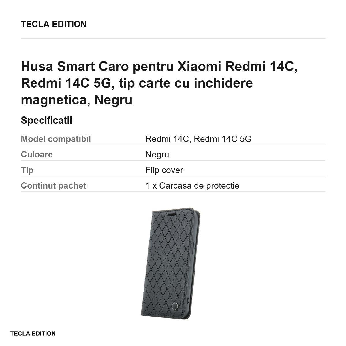 Husa Smart Caro pentru Xiaomi Redmi 14C, Redmi 14C 5G, tip carte cu inchidere magnetica, Negru [3]