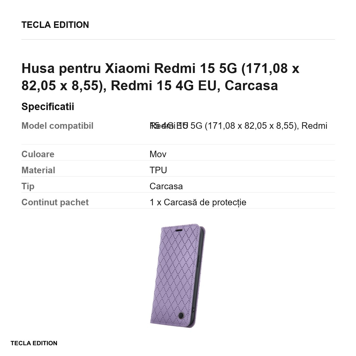 Husa Smart Caro pentru Xiaomi Redmi 15 5G, Redmi 15 4G EU, tip carte cu inchidere magnetica, Mov [3]