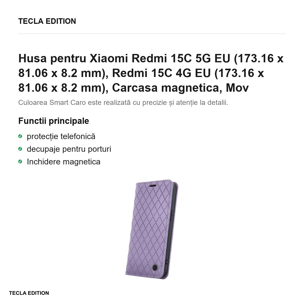 Husa Smart Caro pentru Xiaomi Redmi 15C 5G EU, Redmi 15C 4G EU, tip carte cu inchidere magnetica, Mov [2]