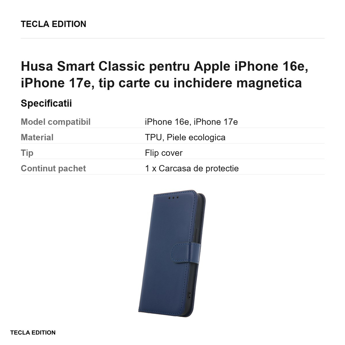 Husa Smart Classic pentru Apple iPhone 16e, iPhone 17e, tip carte cu inchidere magnetica, Albastru [3]
