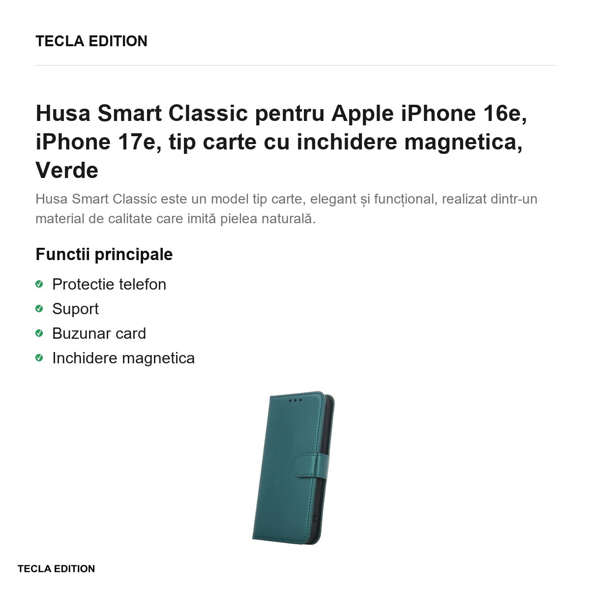 Husa Smart Classic pentru Apple iPhone 16e, iPhone 17e, tip carte cu inchidere magnetica, Verde [2]