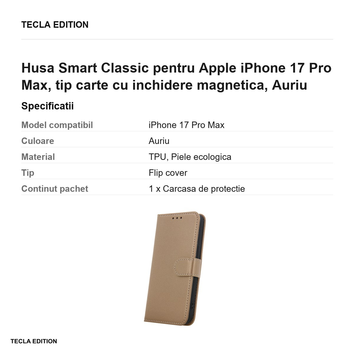 Husa Smart Classic pentru Apple iPhone 17 Pro Max, tip carte cu inchidere magnetica, Auriu [3]