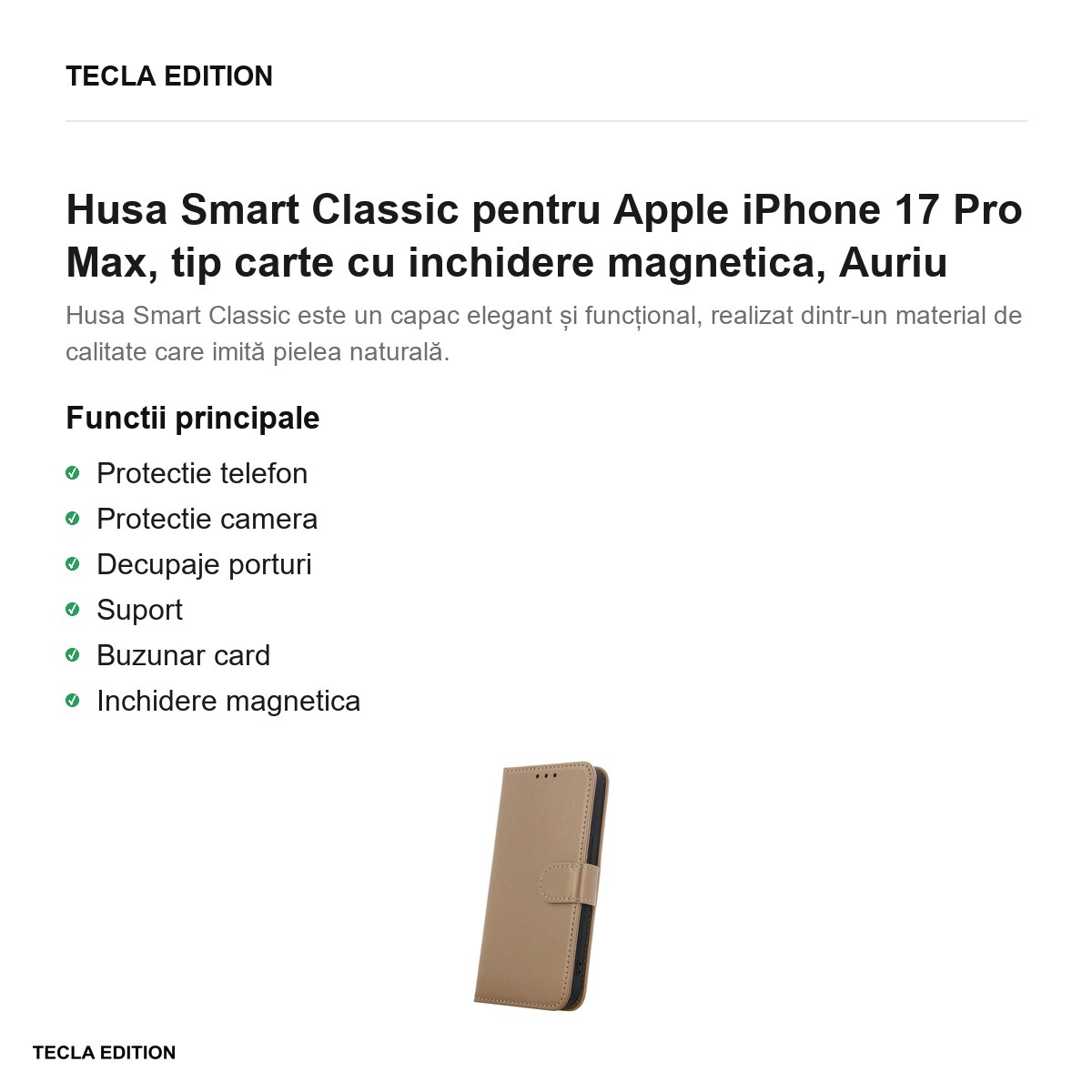 Husa Smart Classic pentru Apple iPhone 17 Pro Max, tip carte cu inchidere magnetica, Auriu [2]