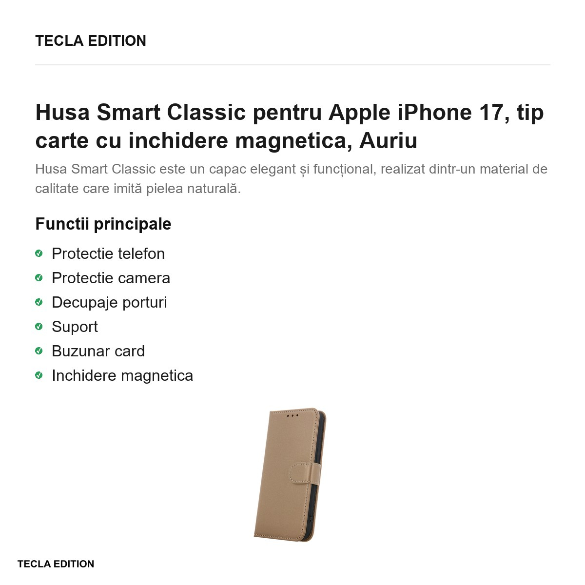 Husa Smart Classic pentru Apple iPhone 17, tip carte cu inchidere magnetica, Auriu [2]