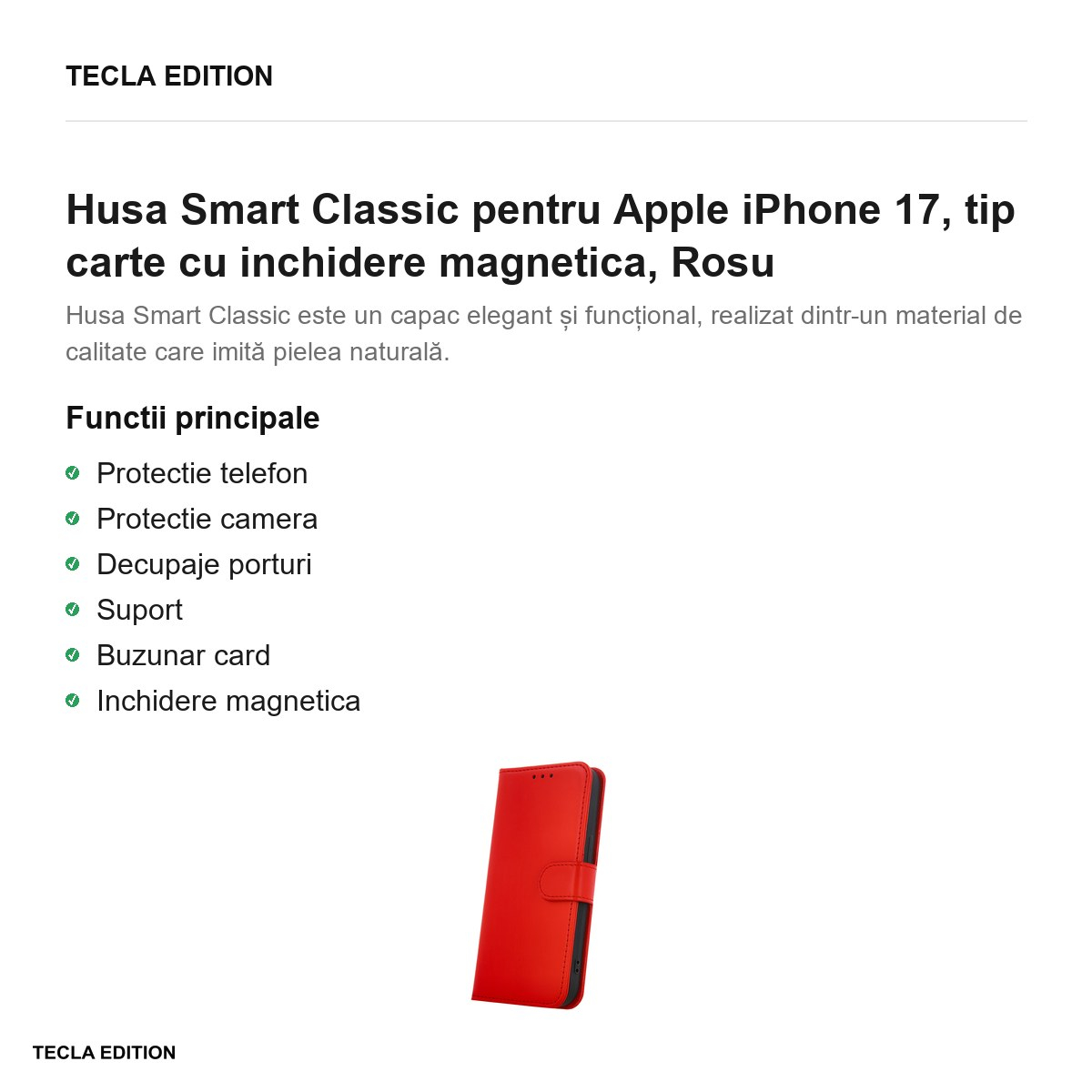 Husa Smart Classic pentru Apple iPhone 17, tip carte cu inchidere magnetica, Rosu [2]