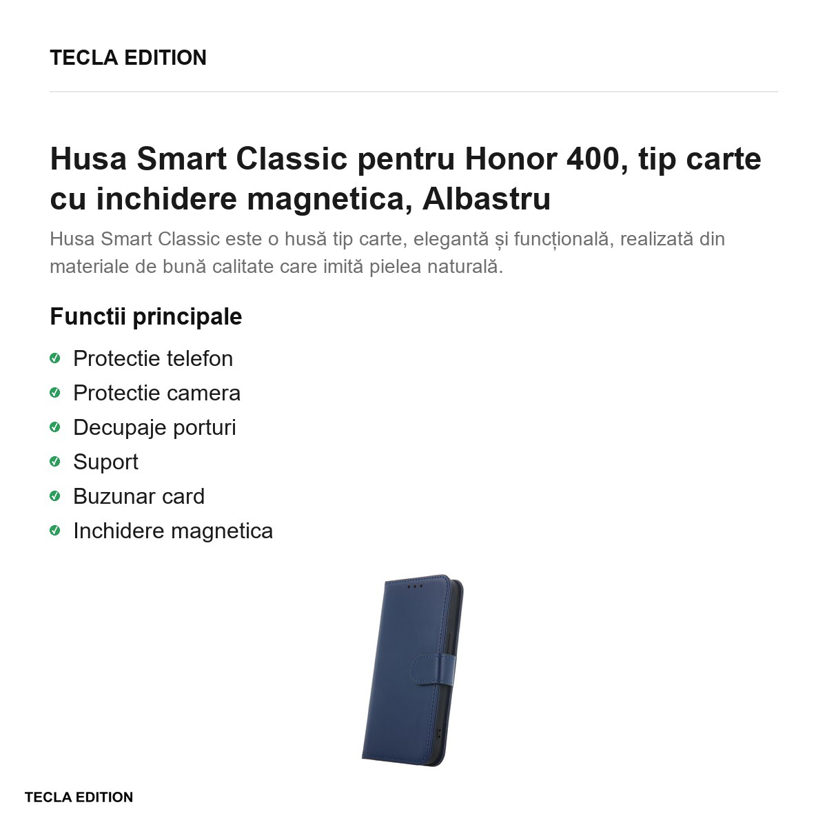 Husa Smart Classic pentru Honor 400, tip carte cu inchidere magnetica, Albastru [2]