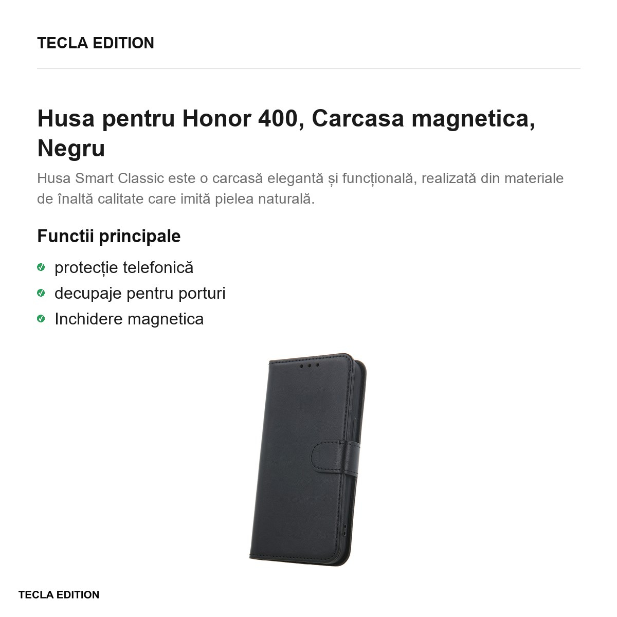 Husa Smart Classic pentru Honor 400, tip carte cu inchidere magnetica, Negru [2]