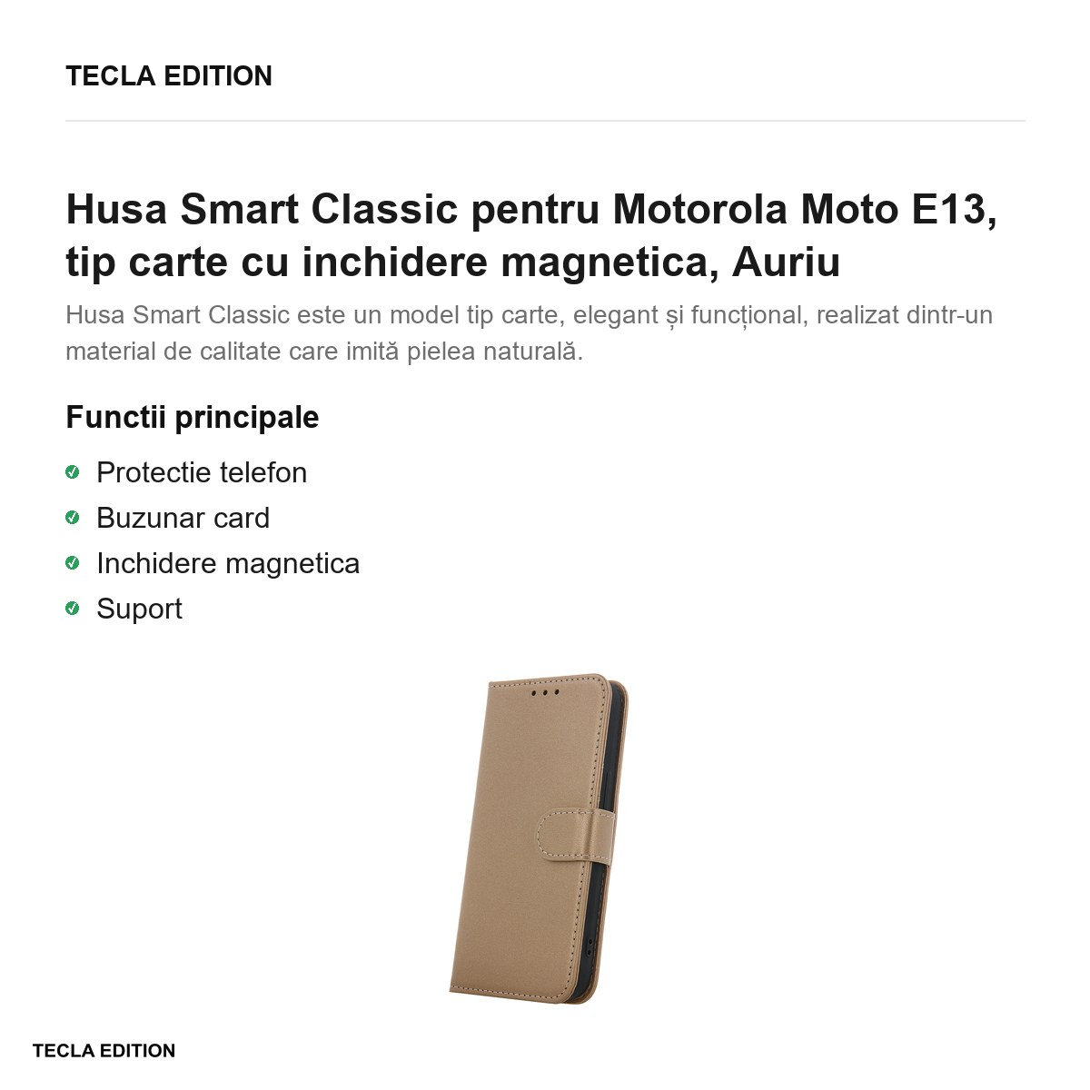 Husa Smart Classic pentru Motorola Moto E13, tip carte cu inchidere magnetica, Auriu [2]