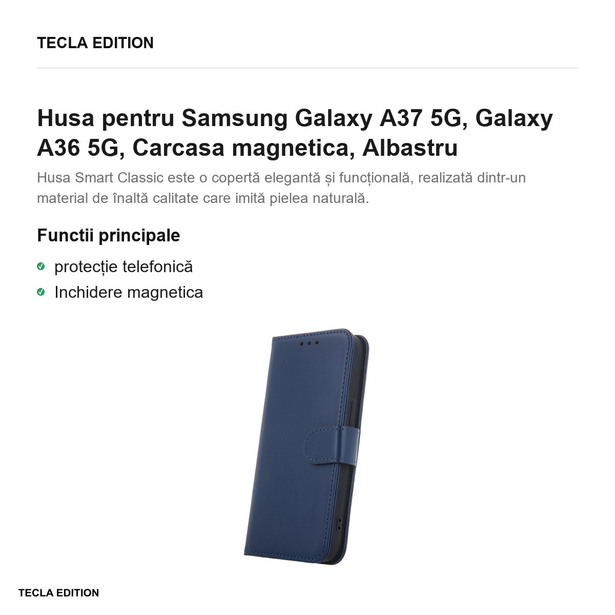 Husa Smart Classic pentru Samsung Galaxy A37 5G, Galaxy A36 5G, tip carte cu inchidere magnetica, Albastru [2]