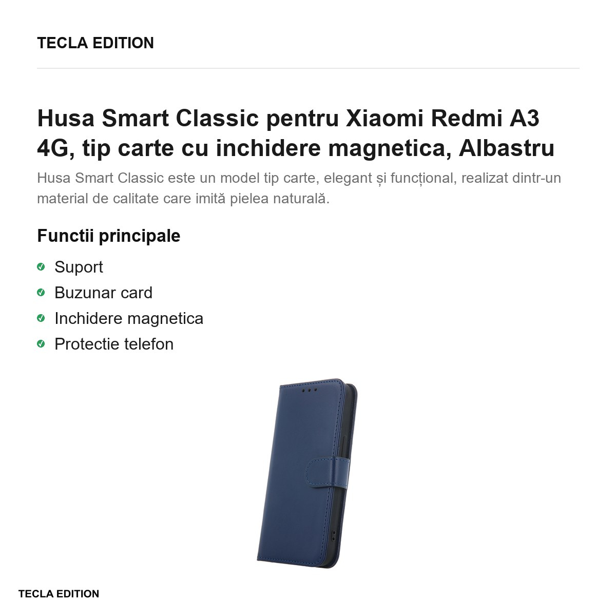 Husa Smart Classic pentru Xiaomi Redmi A3 4G, tip carte cu inchidere magnetica, Albastru [2]