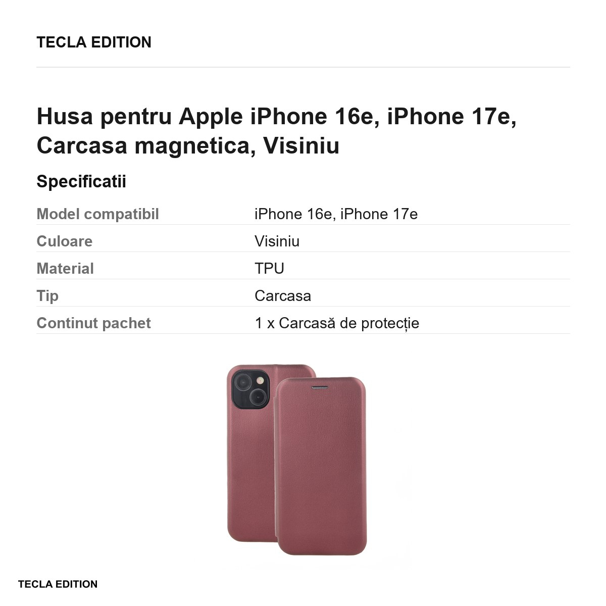 Husa Smart Diva pentru Apple iPhone 16e, iPhone 17e, tip carte cu inchidere magnetica, Visiniu [3]