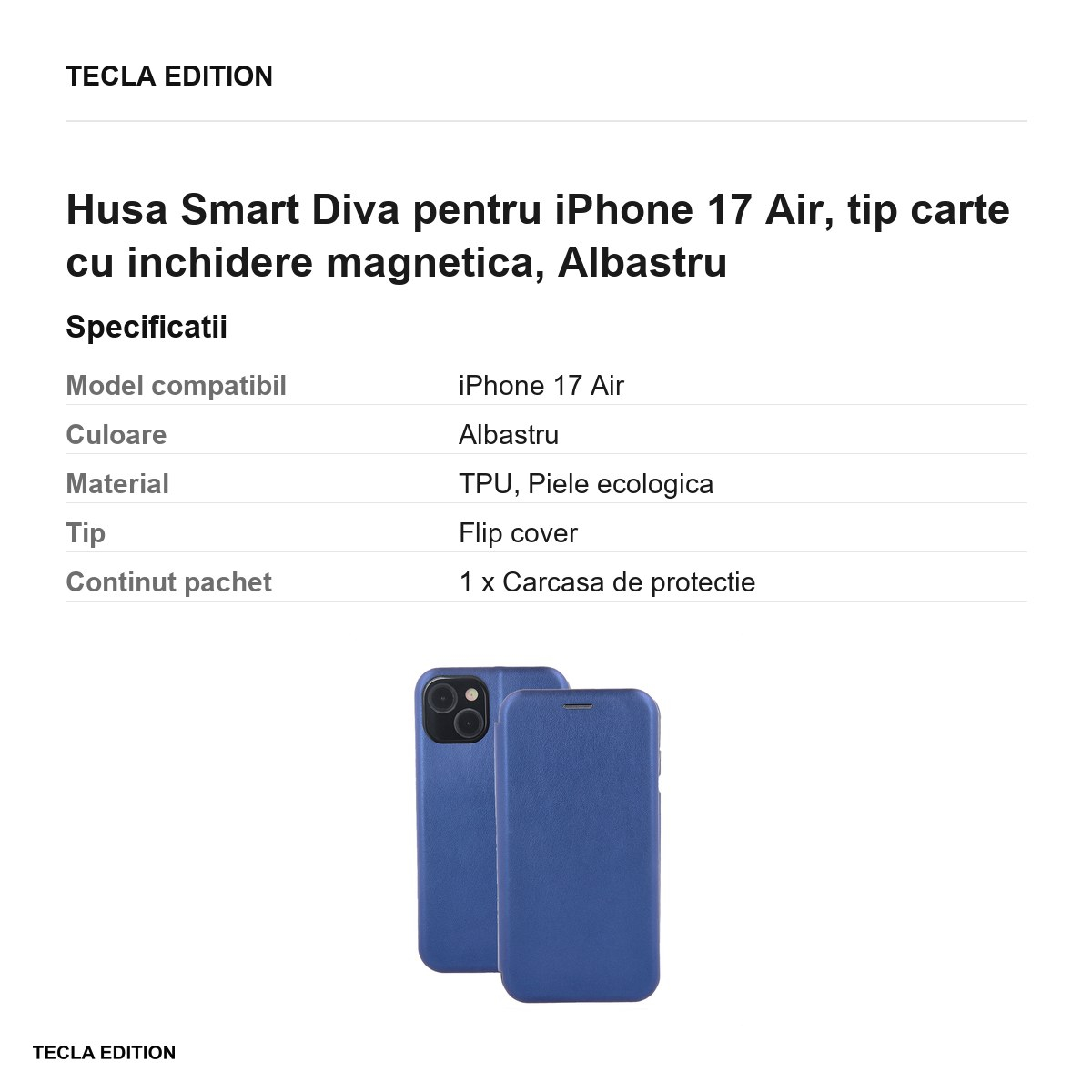Husa Smart Diva pentru iPhone 17 Air, tip carte cu inchidere magnetica, Albastru [3]