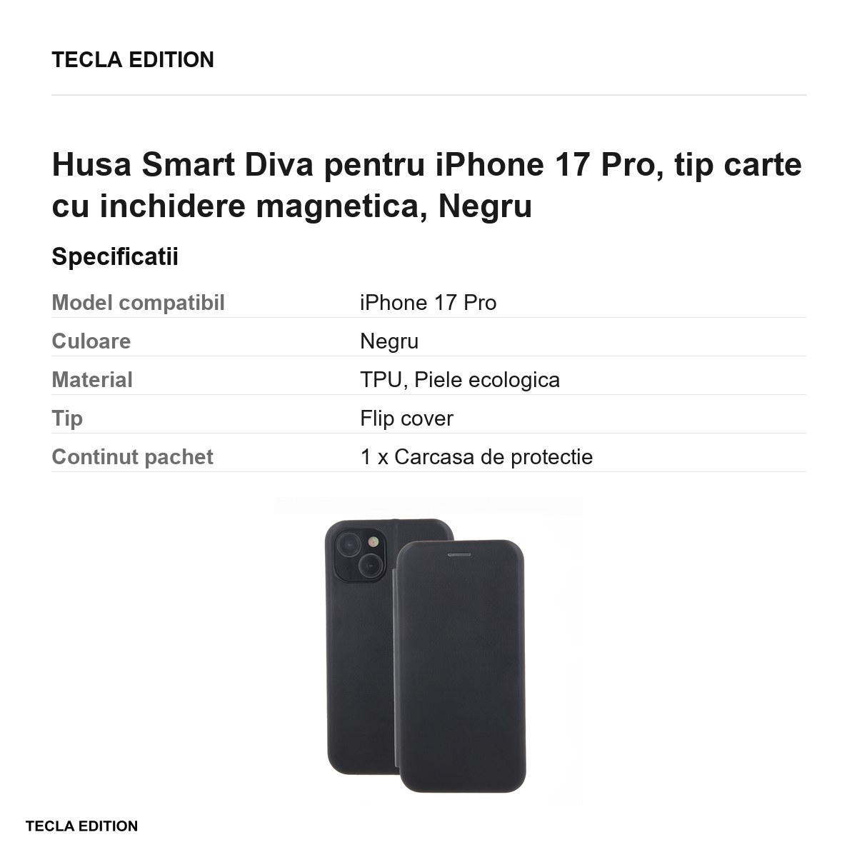 Husa Smart Diva pentru iPhone 17 Pro, tip carte cu inchidere magnetica, Negru [3]