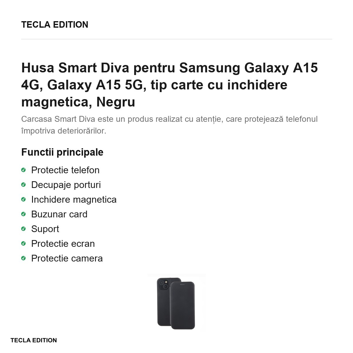 Husa Smart Diva pentru Samsung Galaxy A15 4G, Galaxy A15 5G, tip carte cu inchidere magnetica, Negru [2]