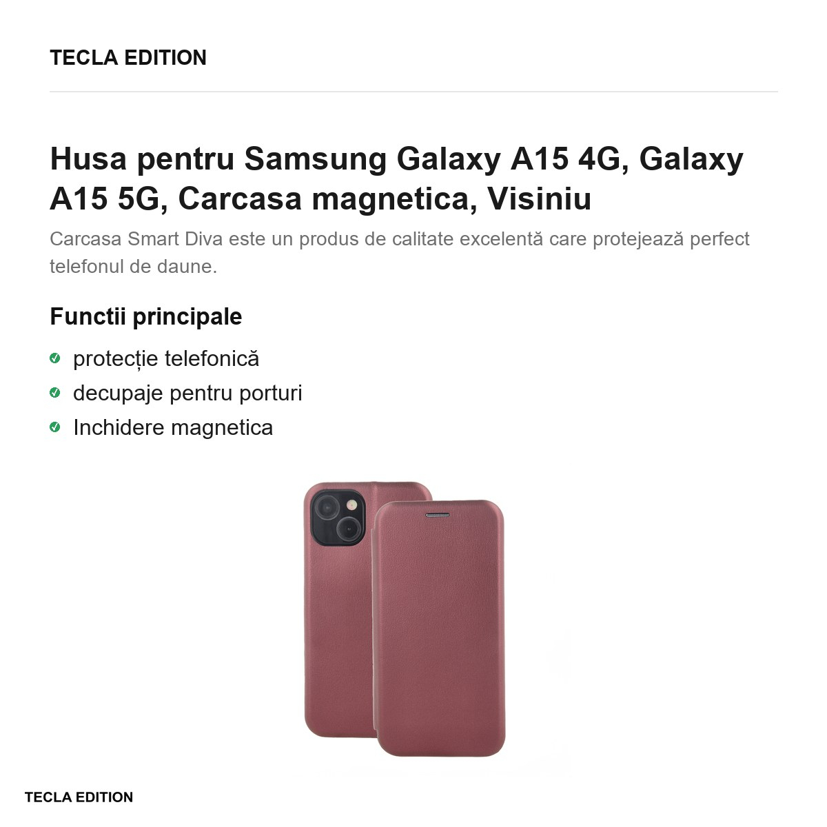 Husa Smart Diva pentru Samsung Galaxy A15 4G, Galaxy A15 5G, tip carte cu inchidere magnetica, Visiniu [2]