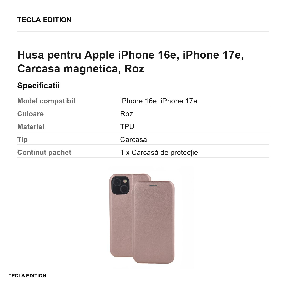 Husa Smart Diva rose pentru Apple iPhone 16e, iPhone 17e, tip carte cu inchidere magnetica, Roz [3]