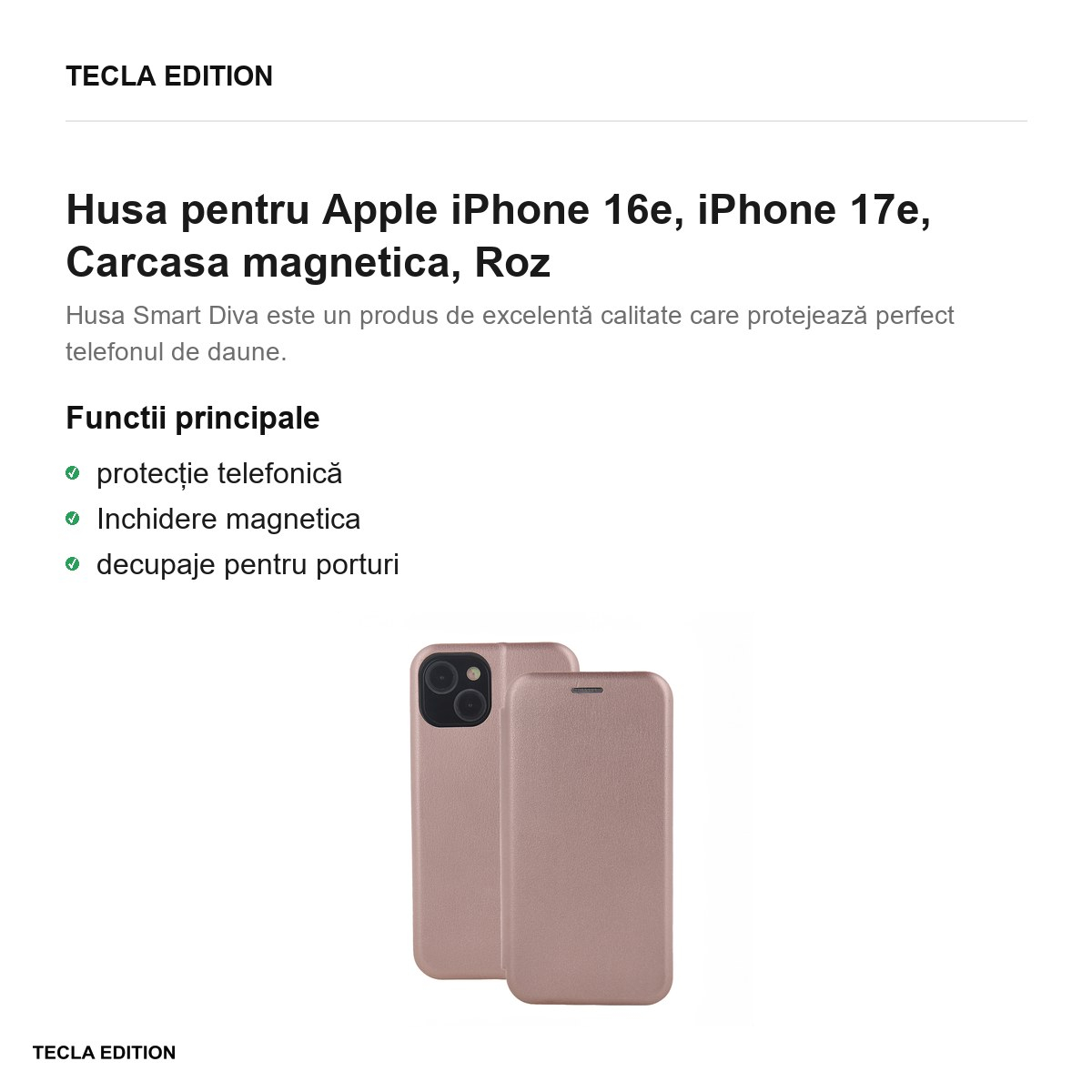 Husa Smart Diva rose pentru Apple iPhone 16e, iPhone 17e, tip carte cu inchidere magnetica, Roz [2]