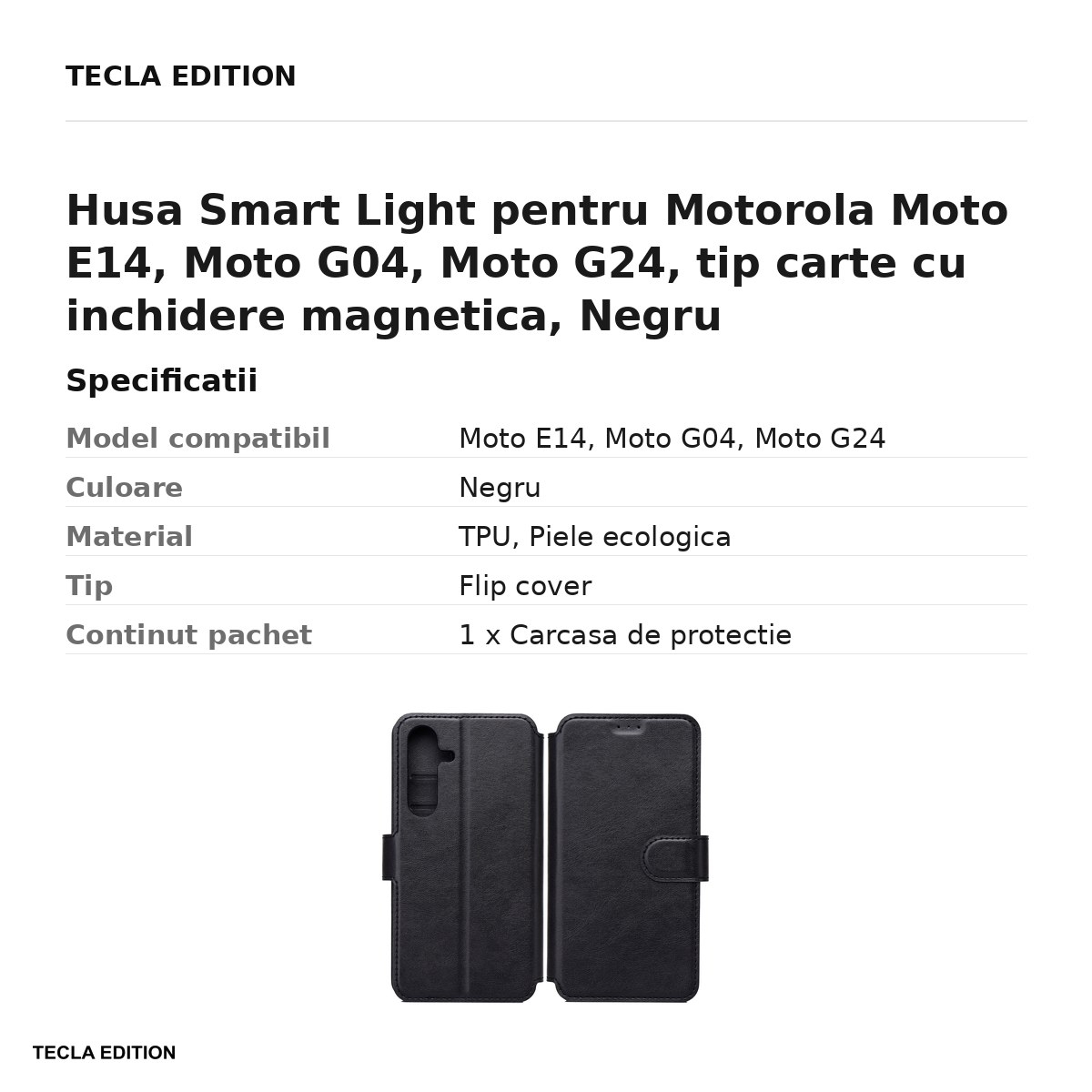 Husa Smart Light pentru Motorola Moto E14, Moto G04, Moto G24, tip carte cu inchidere magnetica, Negru [3]
