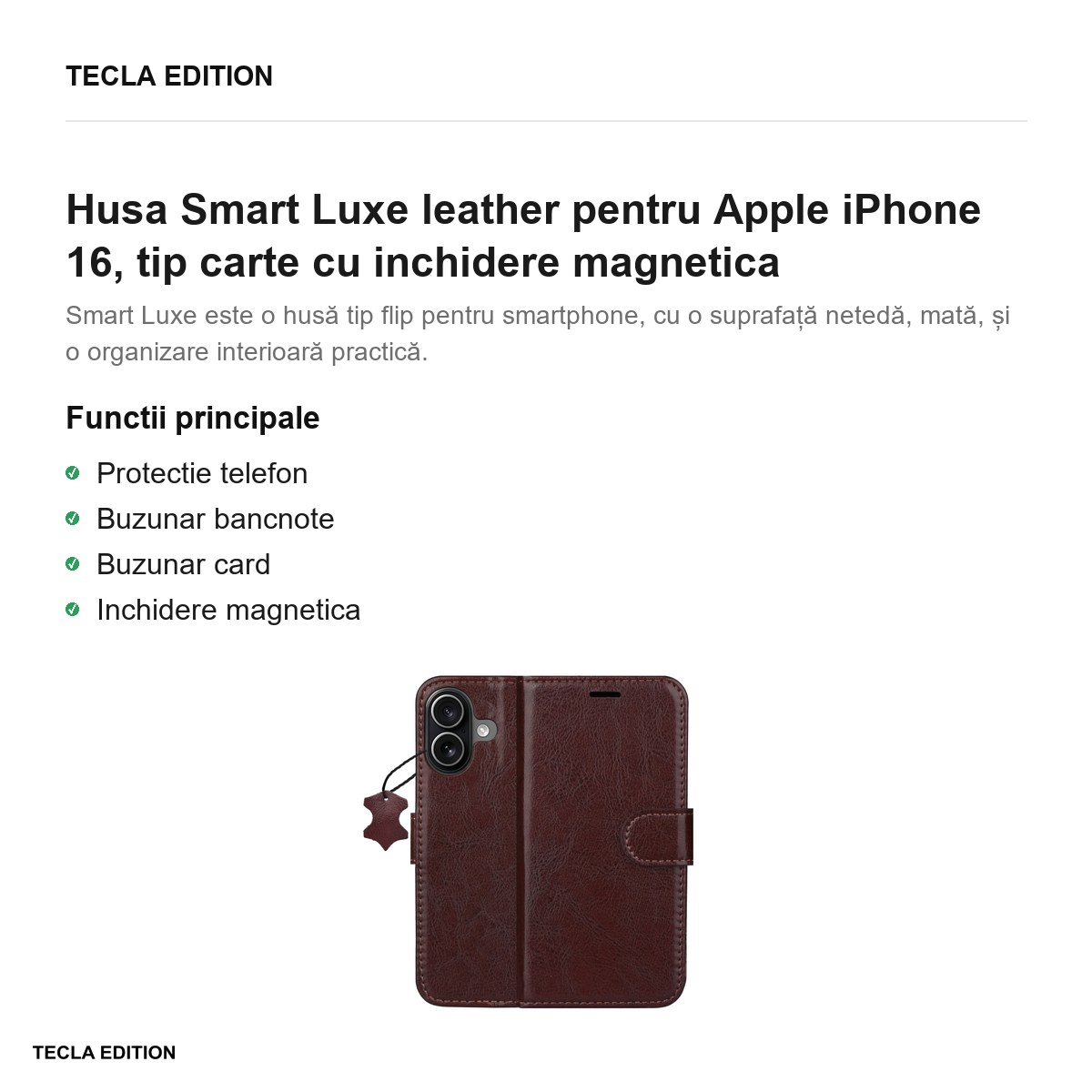 Husa Smart Luxe leather pentru Apple iPhone 16, tip carte cu inchidere magnetica, Maro [2]