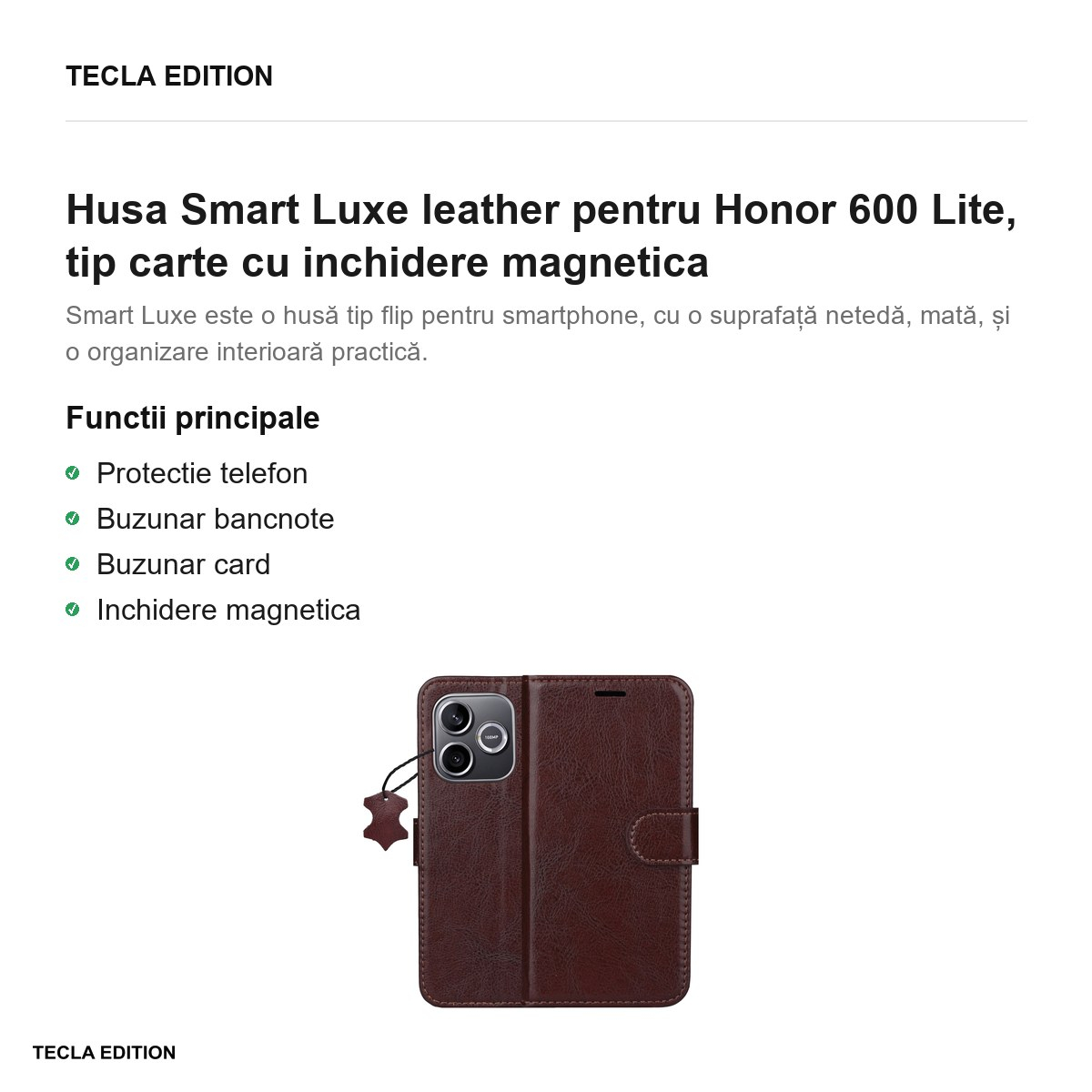 Husa Smart Luxe leather pentru Honor 600 Lite, tip carte cu inchidere magnetica, Maro [2]