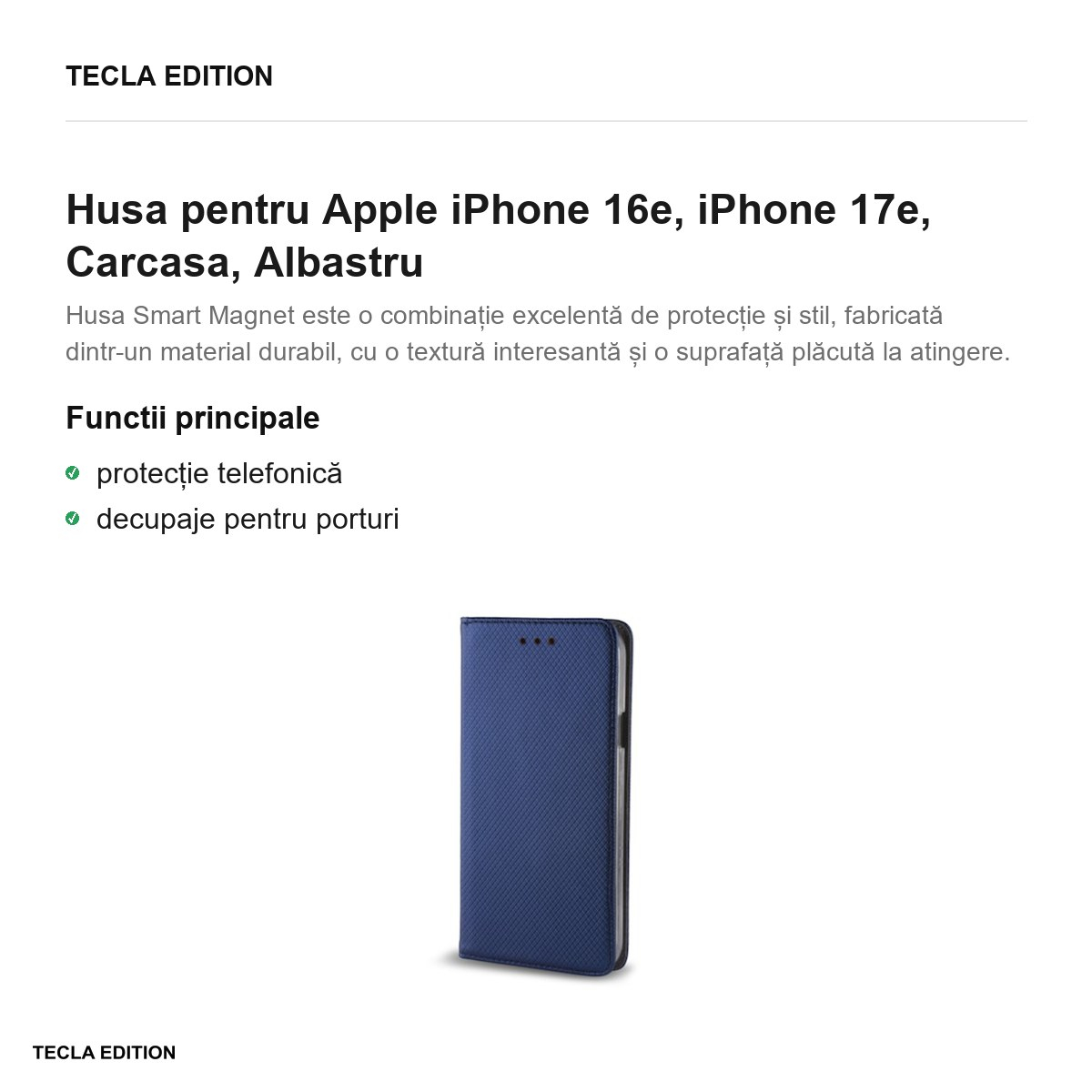 Husa Smart Magnet pentru Apple iPhone 16e, iPhone 17e, tip carte, Albastru [2]