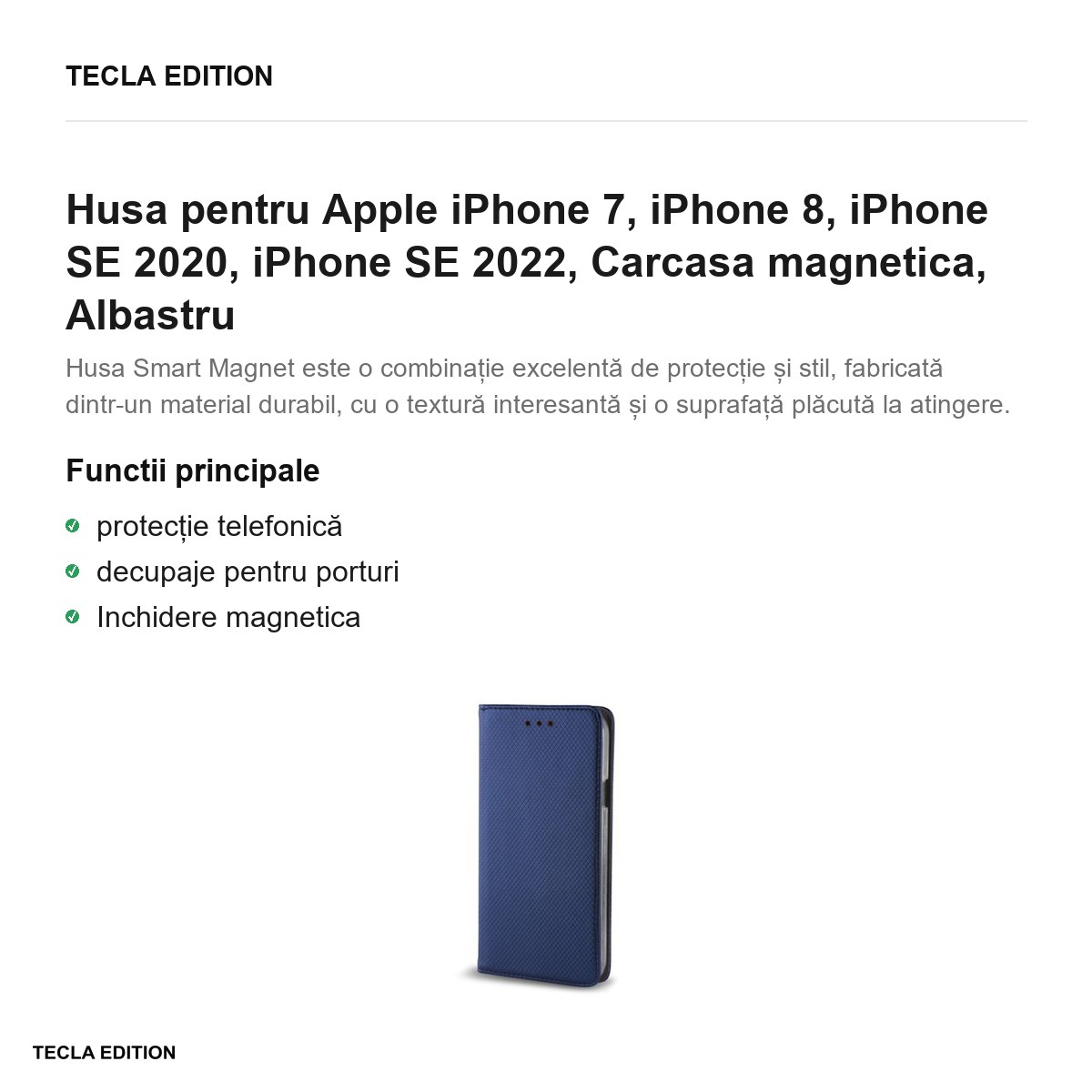 Husa Smart Magnet pentru Apple iPhone 7, iPhone 8, iPhone SE 2020, iPhone SE 2022, tip carte cu inchidere magnetica, Albastru [3]
