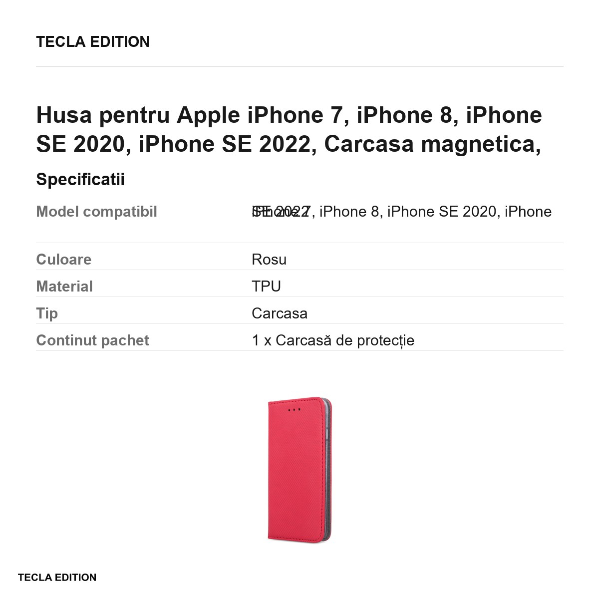 Husa Smart Magnet pentru Apple iPhone 7, iPhone 8, iPhone SE 2020, iPhone SE 2022, tip carte cu inchidere magnetica, Rosu [5]