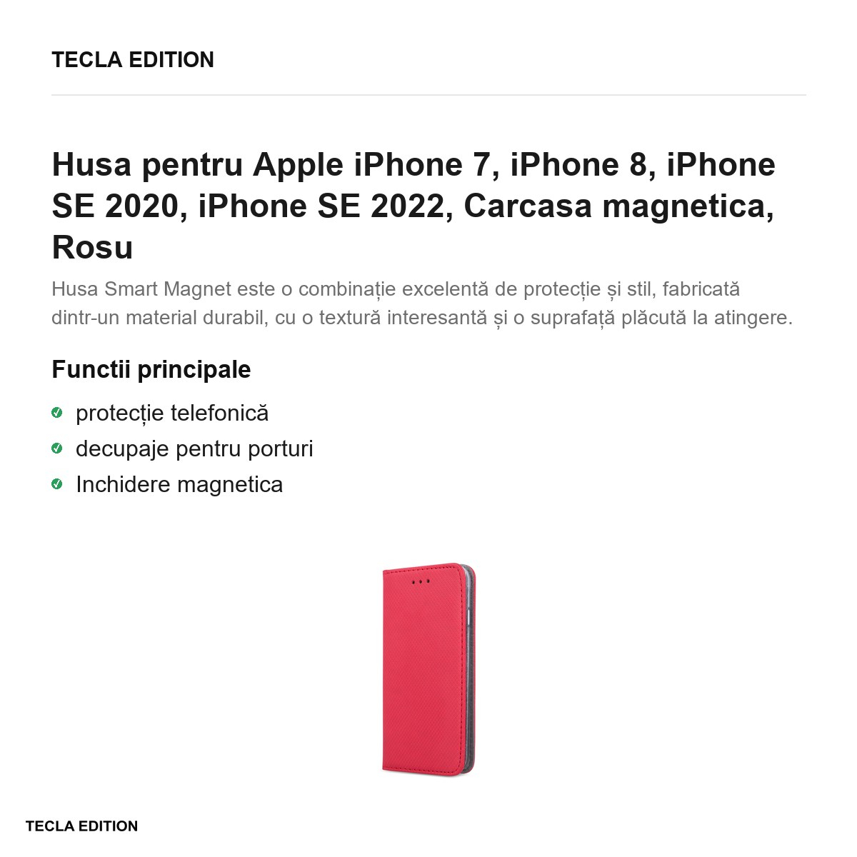 Husa Smart Magnet pentru Apple iPhone 7, iPhone 8, iPhone SE 2020, iPhone SE 2022, tip carte cu inchidere magnetica, Rosu [4]
