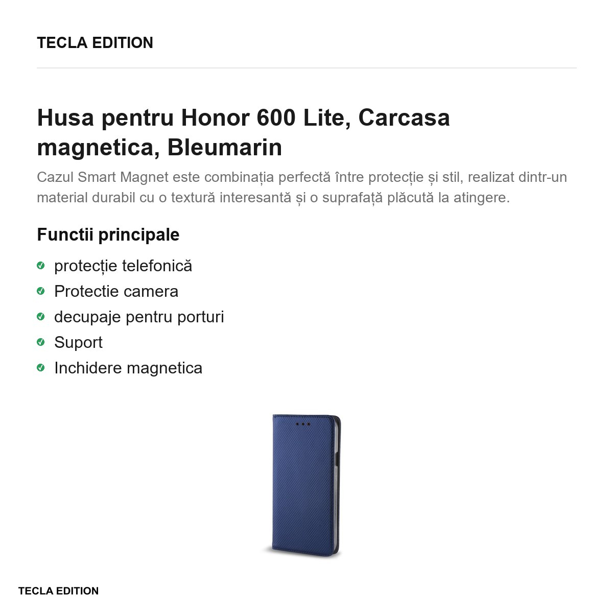 Husa Smart Magnet pentru Honor 600 Lite, tip carte cu inchidere magnetica, Bleumarin [2]