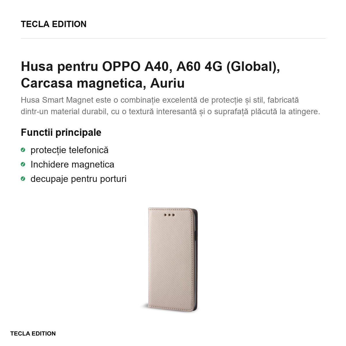 Husa Smart Magnet pentru OPPO A40, A60 4G (Global), tip carte cu inchidere magnetica, Auriu [2]