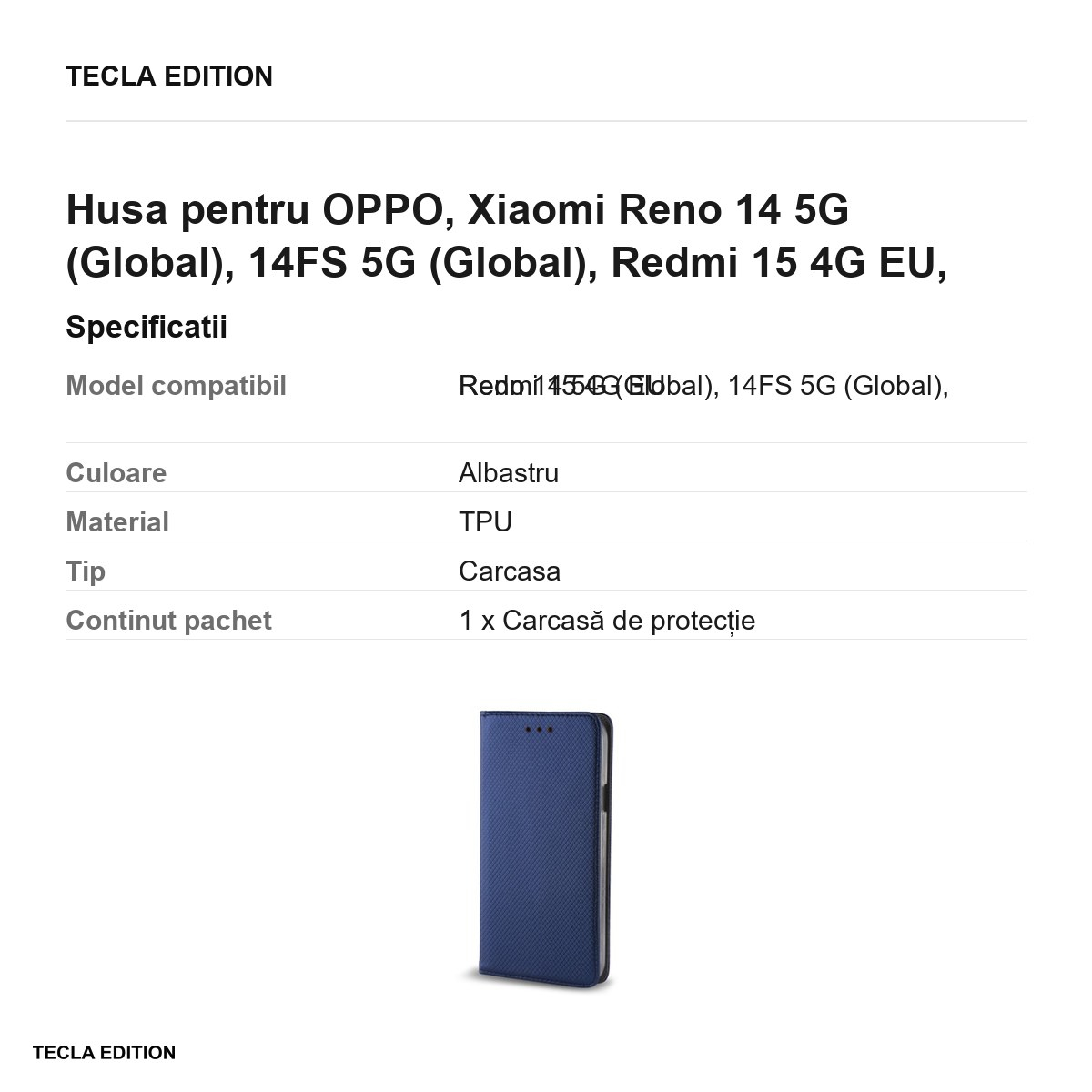 Husa Smart Magnet pentru OPPO, Xiaomi Reno 14 5G (Global), 14FS 5G (Global), Redmi 15 4G EU, tip carte cu inchidere magnetica, Albastru [3]