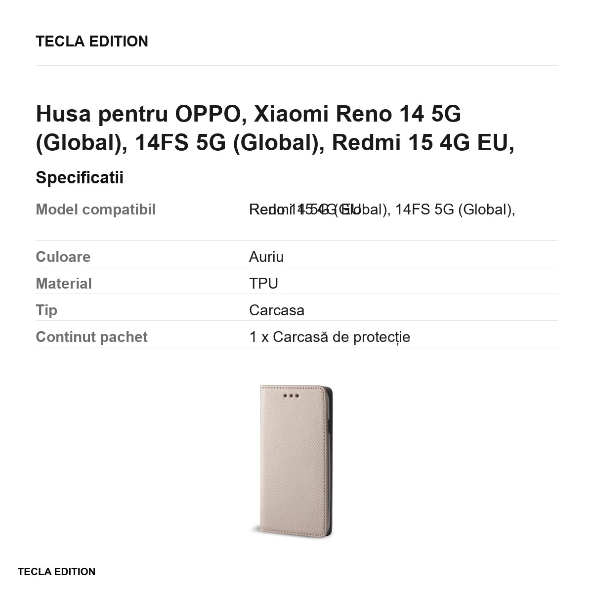 Husa Smart Magnet pentru OPPO, Xiaomi Reno 14 5G (Global), 14FS 5G (Global), Redmi 15 4G EU, tip carte cu inchidere magnetica, Auriu [3]