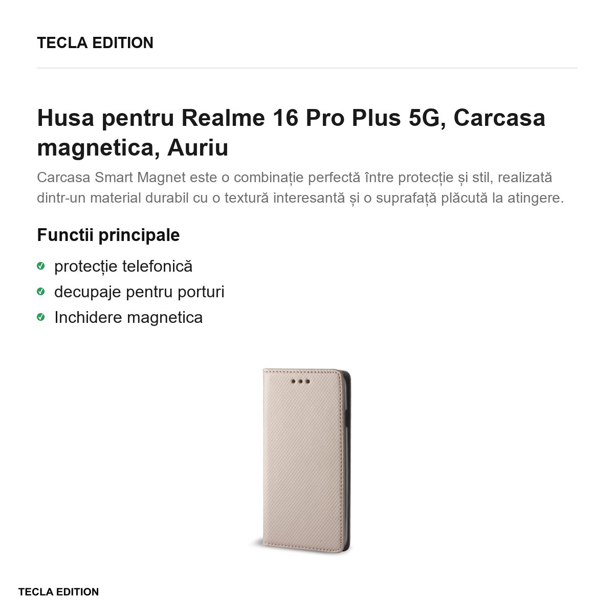 Husa Smart Magnet pentru Realme 16 Pro Plus 5G, tip carte cu inchidere magnetica, Auriu [2]