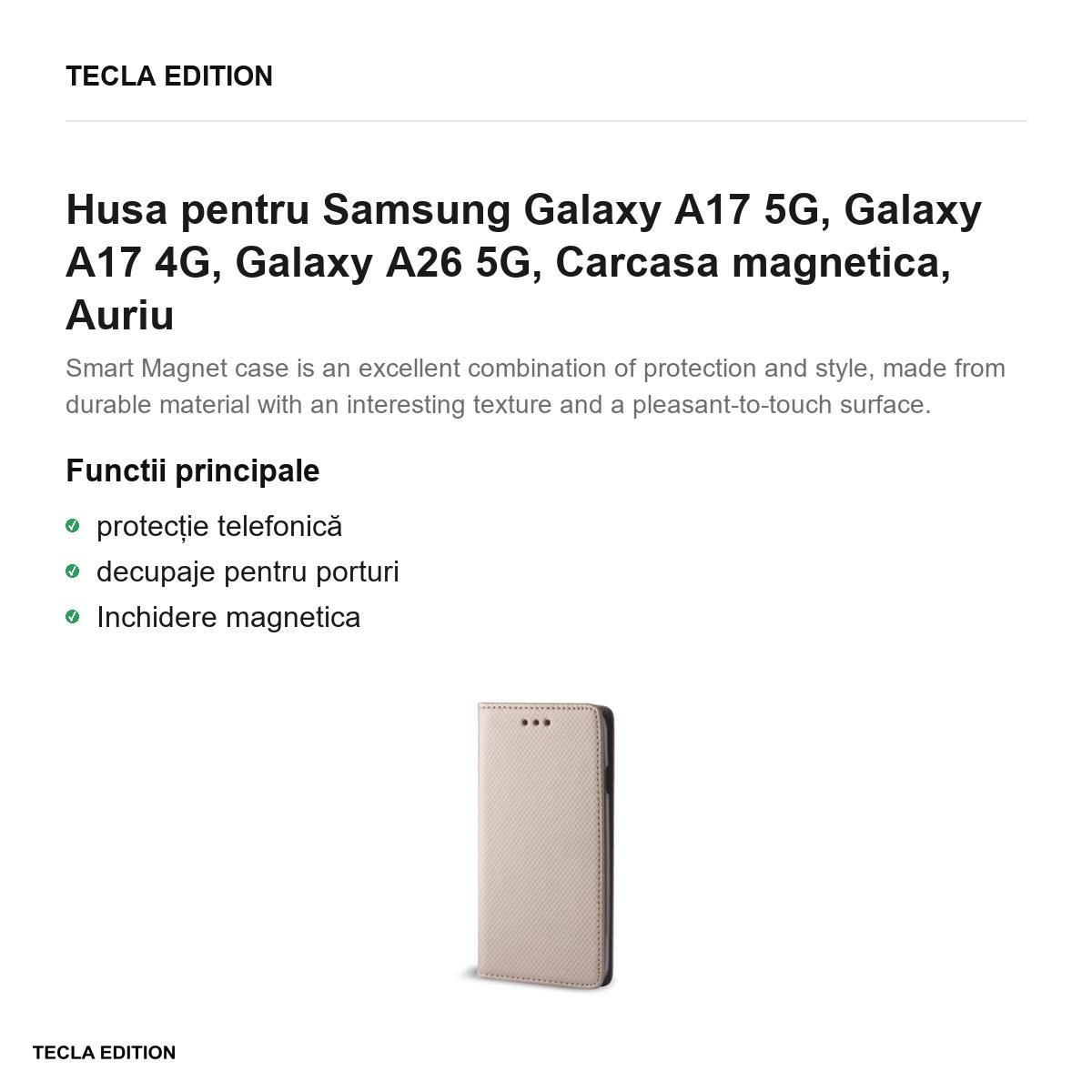 Husa Smart Magnet pentru Samsung Galaxy A17 5G, Galaxy A17 4G, Galaxy A26 5G, tip carte cu inchidere magnetica, Auriu [2]