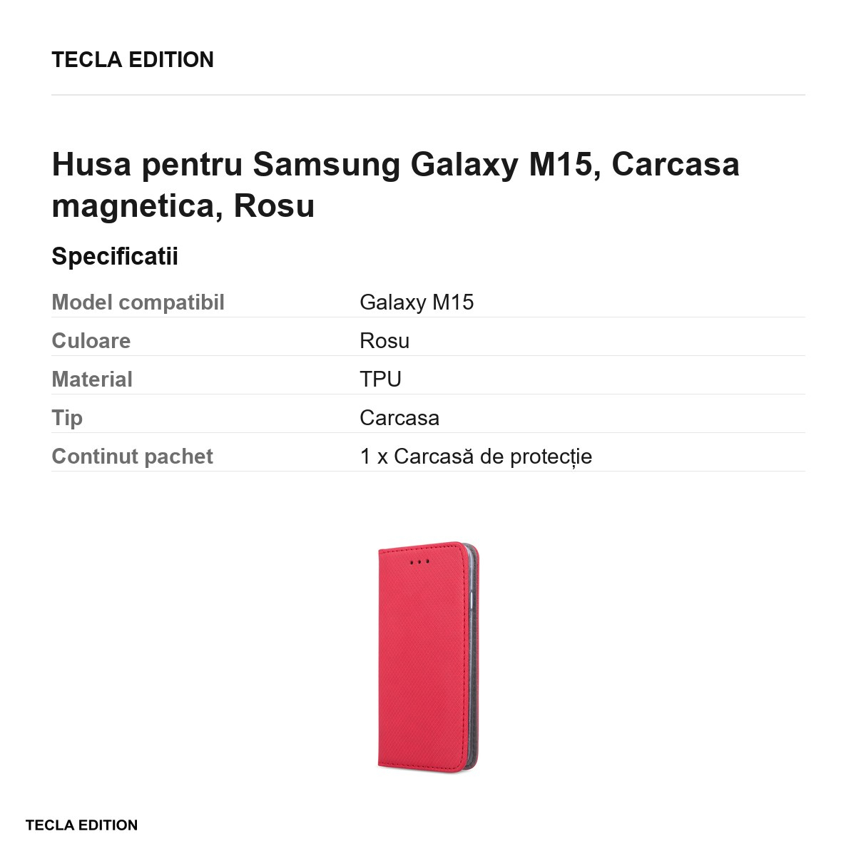 Husa Smart Magnet pentru Samsung Galaxy M15, tip carte cu inchidere magnetica, Rosu [3]