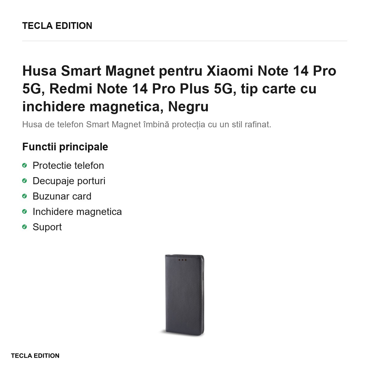 Husa Smart Magnet pentru Xiaomi Note 14 Pro 5G, Redmi Note 14 Pro Plus 5G, tip carte cu inchidere magnetica, Negru [2]