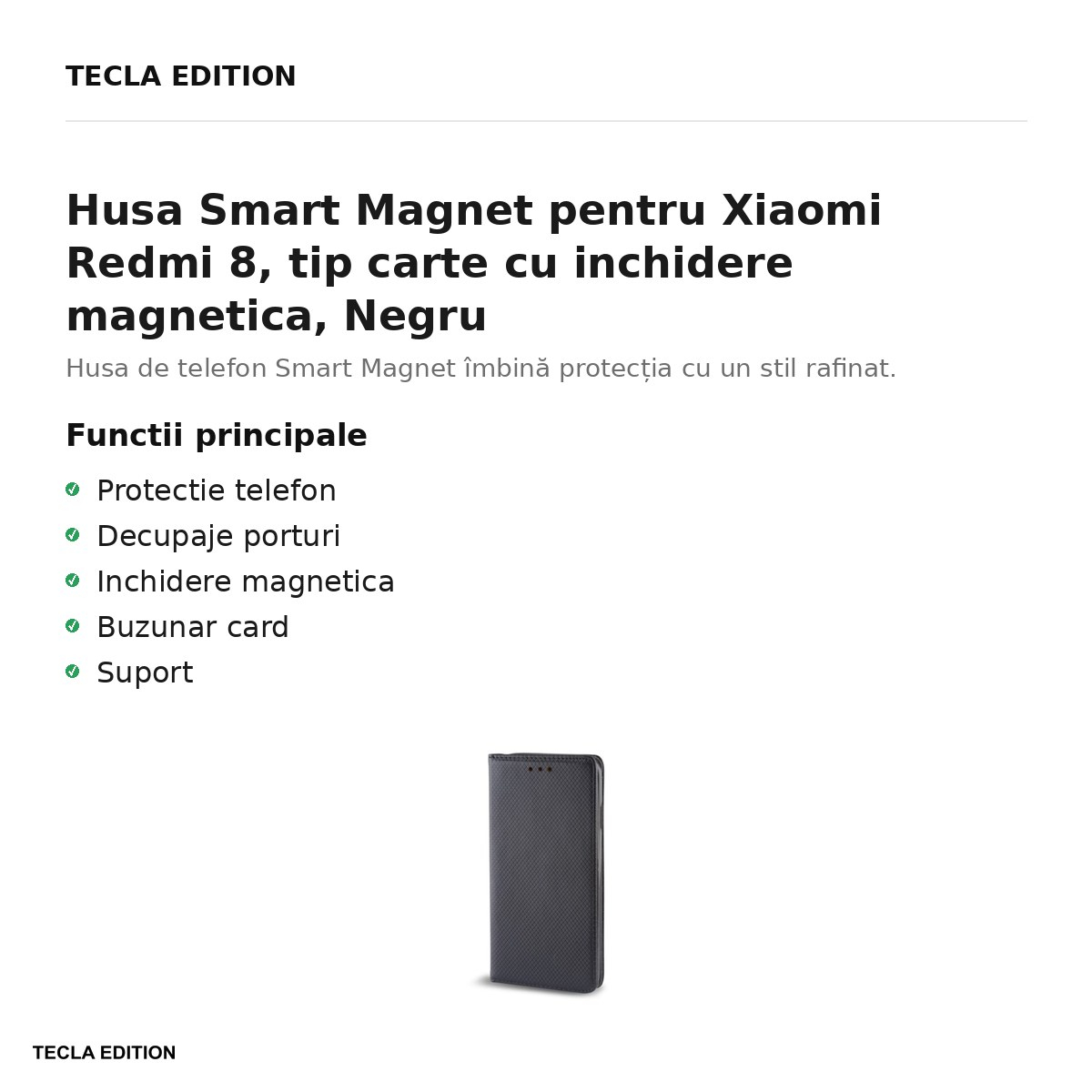 Husa Smart Magnet pentru Xiaomi Redmi 8, tip carte cu inchidere magnetica, Negru [2]