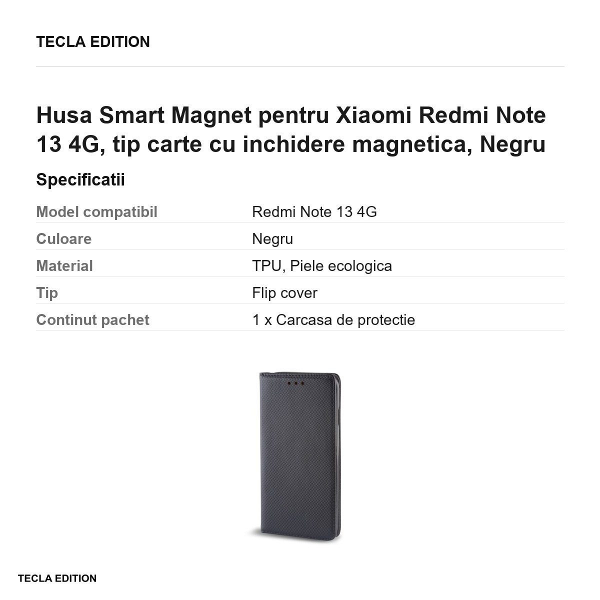 Husa Smart Magnet pentru Xiaomi Redmi Note 13 4G, tip carte cu inchidere magnetica, Negru [3]