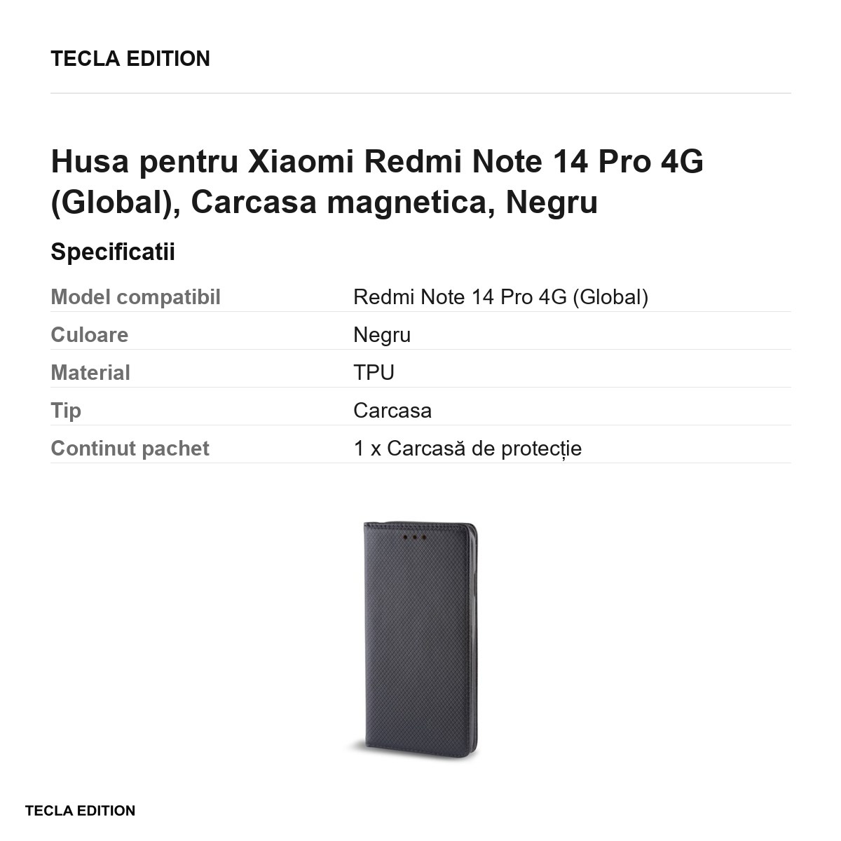 Husa Smart Magnet pentru Xiaomi Redmi Note 14 Pro 4G (Global), tip carte cu inchidere magnetica, Negru [3]