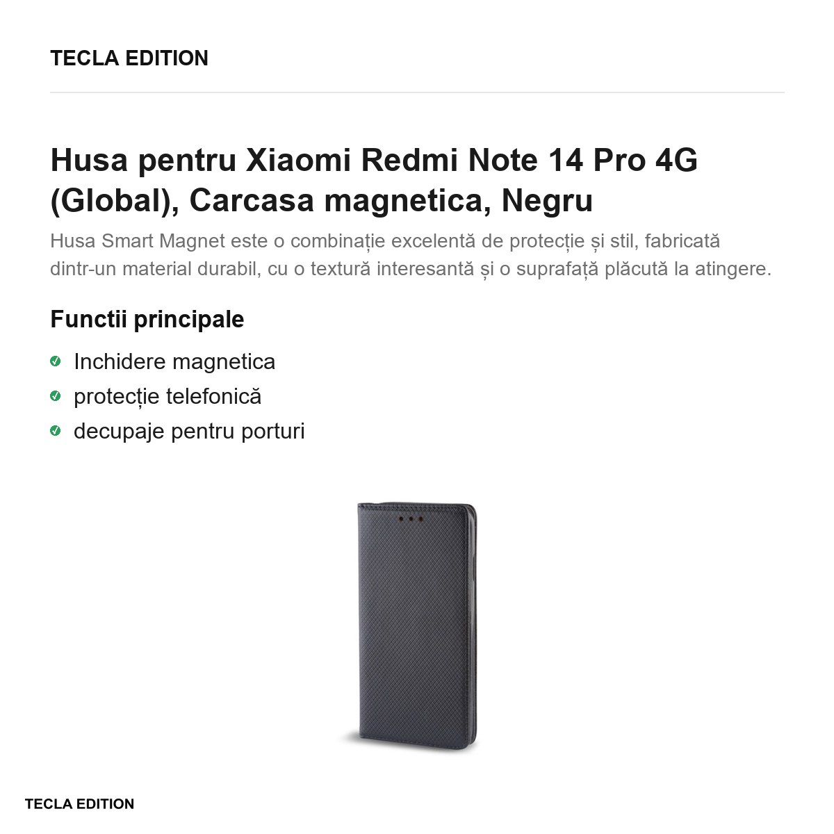 Husa Smart Magnet pentru Xiaomi Redmi Note 14 Pro 4G (Global), tip carte cu inchidere magnetica, Negru [2]