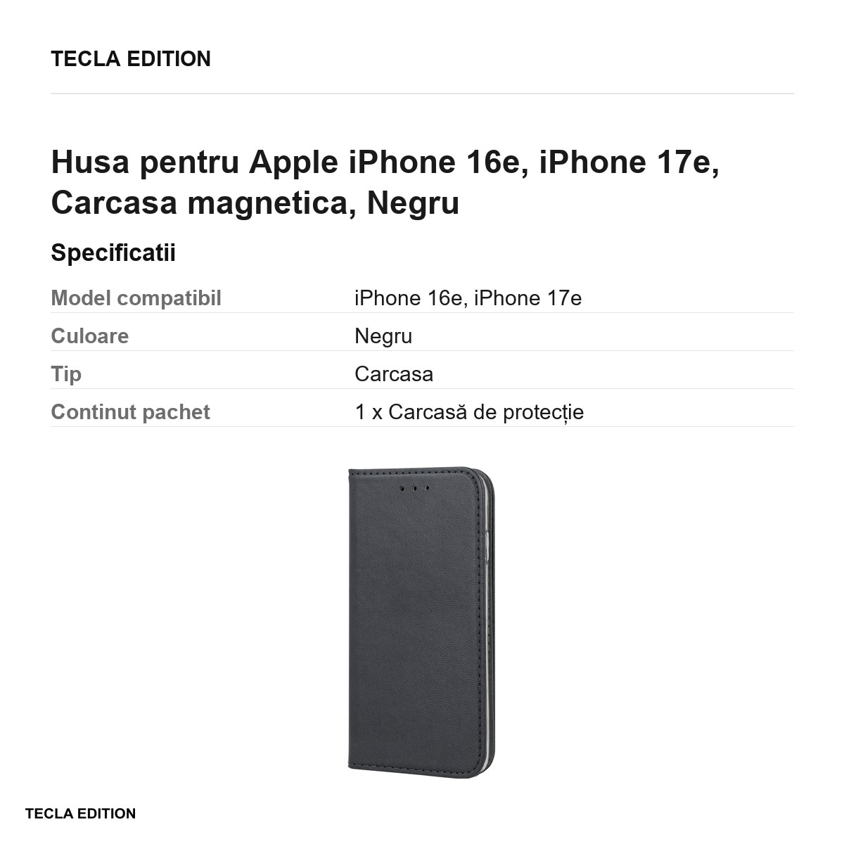 Husa Smart Magnetic pentru Apple iPhone 16e, iPhone 17e, tip carte cu inchidere magnetica, Negru [3]