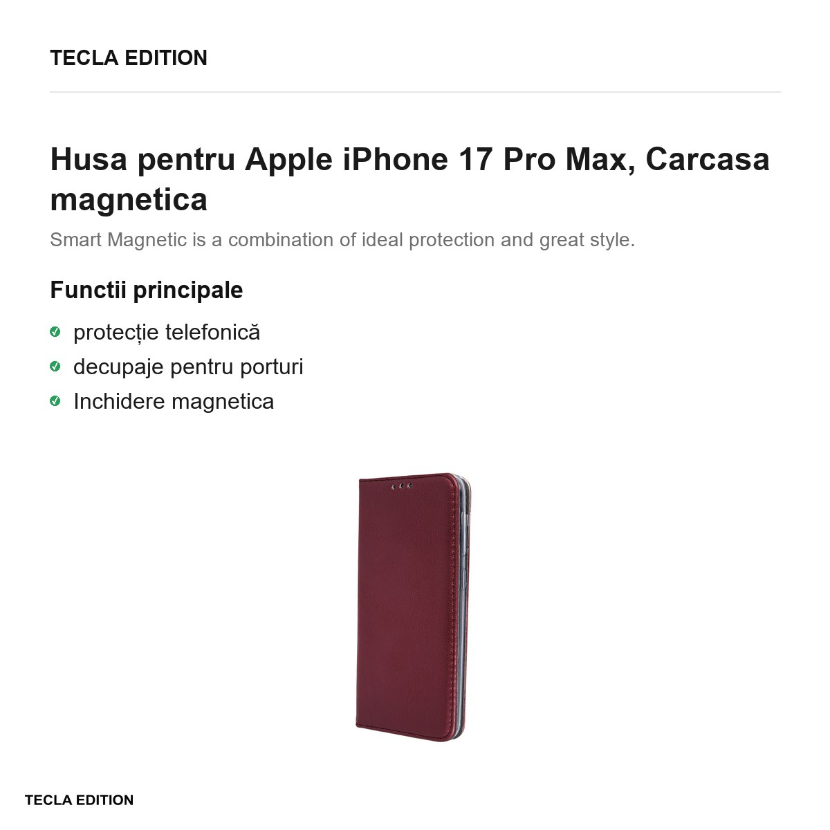 Husa Smart Magnetic pentru Apple iPhone 17 Pro Max, tip carte cu inchidere magnetica, Visiniu [2]