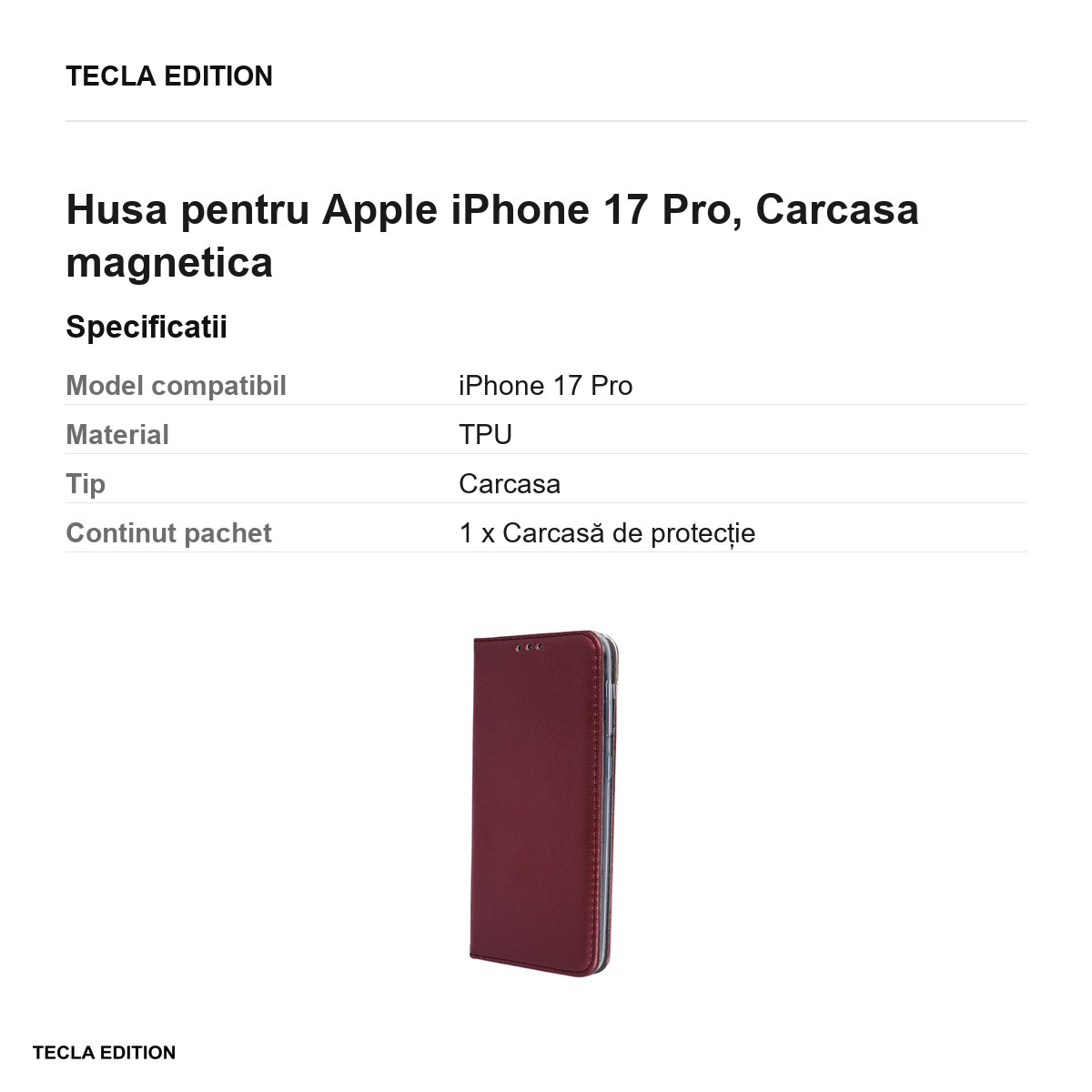 Husa Smart Magnetic pentru Apple iPhone 17 Pro, tip carte cu inchidere magnetica, Visiniu [3]