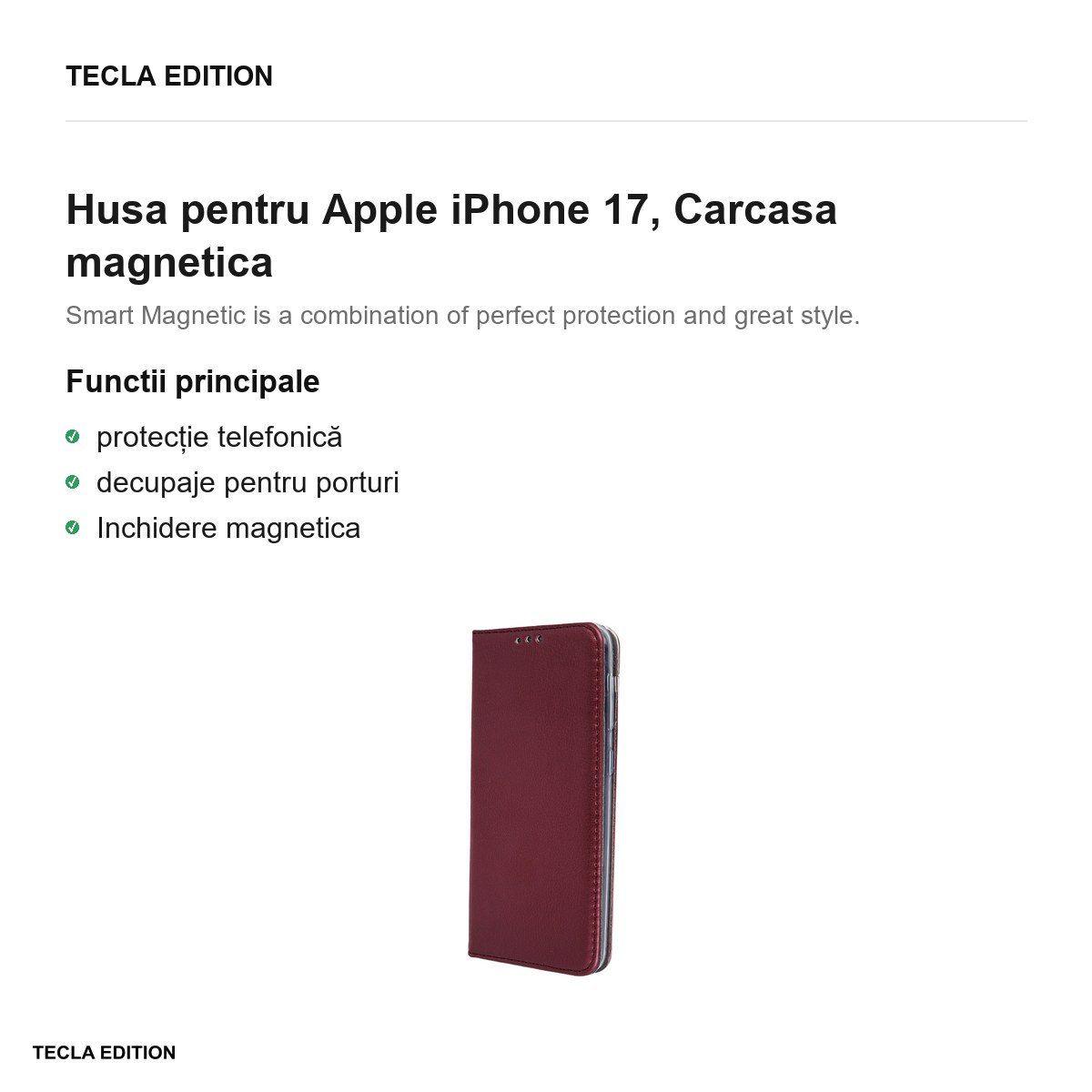 Husa Smart Magnetic pentru Apple iPhone 17, tip carte cu inchidere magnetica, Visiniu [2]