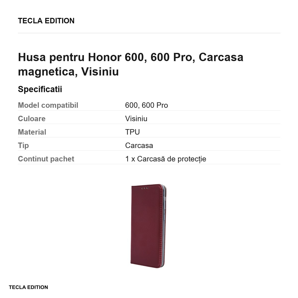 Husa Smart Magnetic pentru Honor 600, 600 Pro, tip carte cu inchidere magnetica, Visiniu [3]