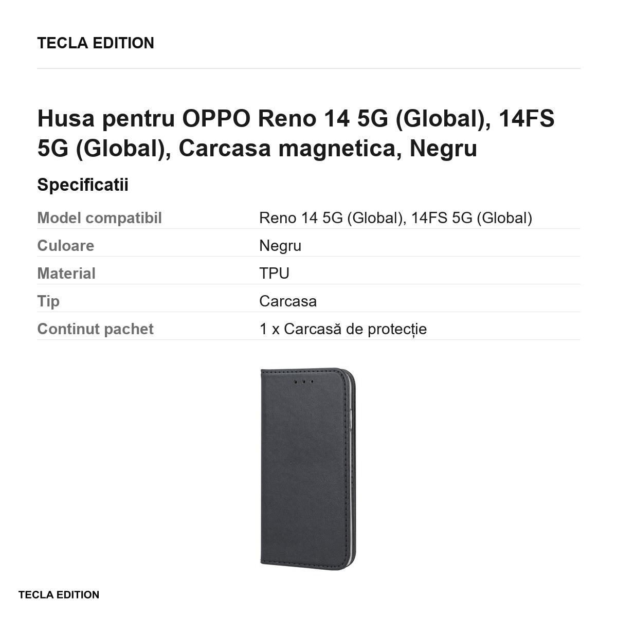 Husa Smart Magnetic pentru OPPO Reno 14 5G (Global), 14FS 5G (Global), tip carte cu inchidere magnetica, Negru [3]