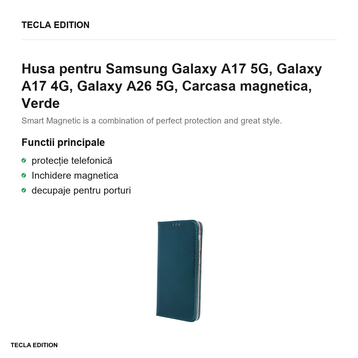 Husa Smart Magnetic pentru Samsung Galaxy A17 5G, Galaxy A17 4G, Galaxy A26 5G, tip carte cu inchidere magnetica, Verde [2]