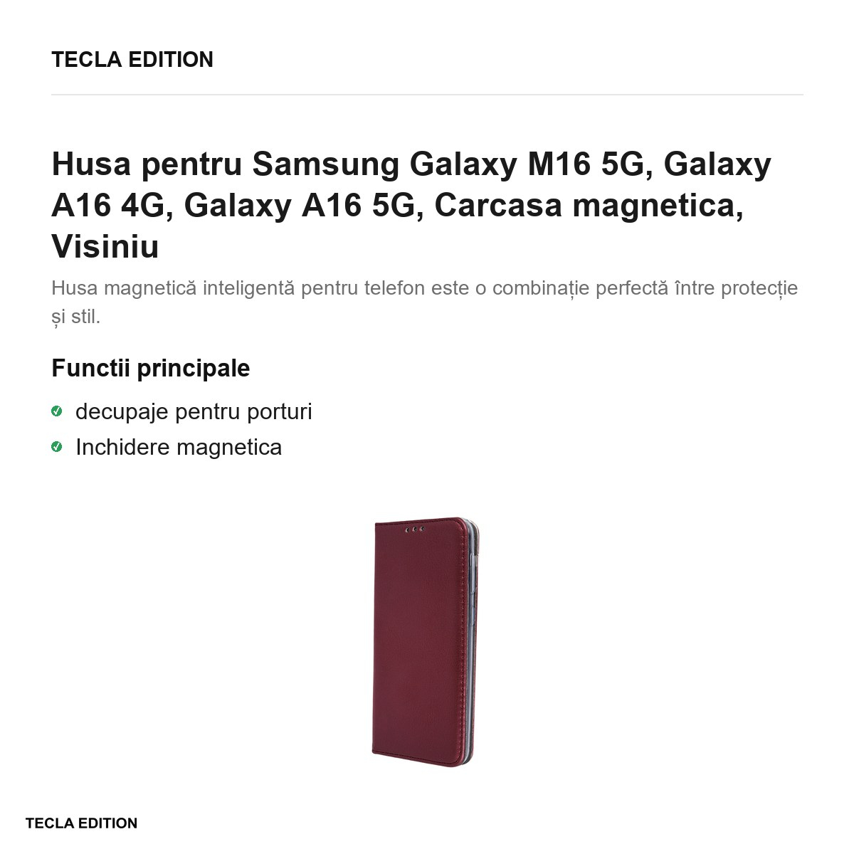 Husa Smart Magnetic pentru Samsung Galaxy M16 5G, Galaxy A16 4G, Galaxy A16 5G, tip carte cu inchidere magnetica, Visiniu [2]