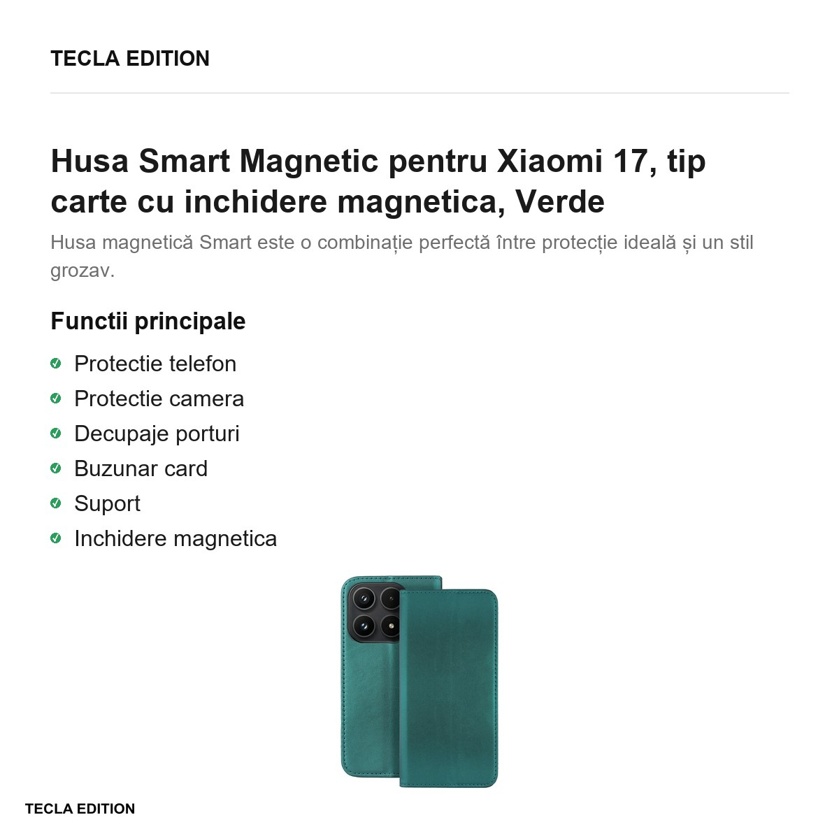Husa Smart Magnetic pentru Xiaomi 17, tip carte cu inchidere magnetica, Verde [2]